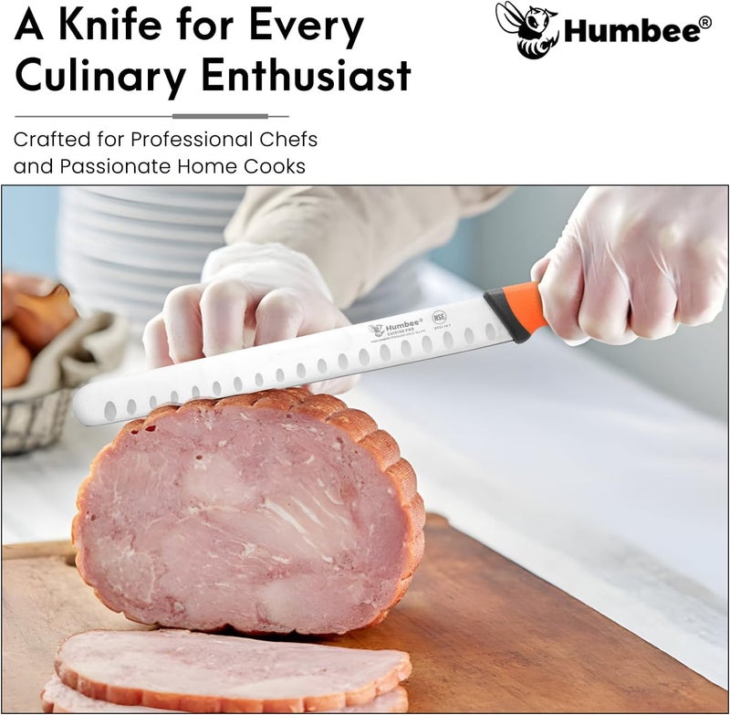 Humbee 10-Inch Chef Carving Knife with Granton Edge for Slicing Turkey Ham and Meat | NSF Certified | German Stainless Steel Blade | Dishwasher Safe Ergonomic Handle, DT-21 Series, Orange - Image 3