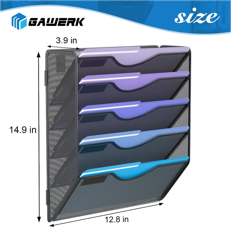 Gawerk 5 Tier Hanging Wall File Organizer, Mesh Mail Paper Orgnization Hanging File Folder Holder for Home Office, Black - Image 2