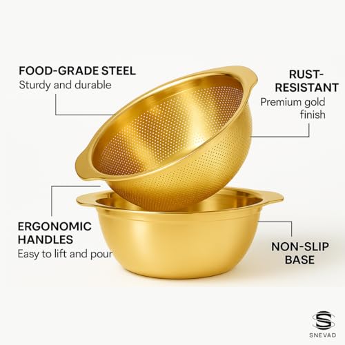 Snevad 304 Stainless Steel Microporous Colander With Handle, Rice Washers Microporous Strainer Set For Washing Rice, Pasta, Spaghetti, Fruits, And Draining Cooked (2PC) (5QT With Handle-Gold) Colander - Image 3