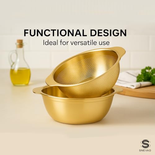 Snevad 304 Stainless Steel Microporous Colander With Handle, Rice Washers Microporous Strainer Set For Washing Rice, Pasta, Spaghetti, Fruits, And Draining Cooked (2PC) (5QT With Handle-Gold) Colander - Image 4