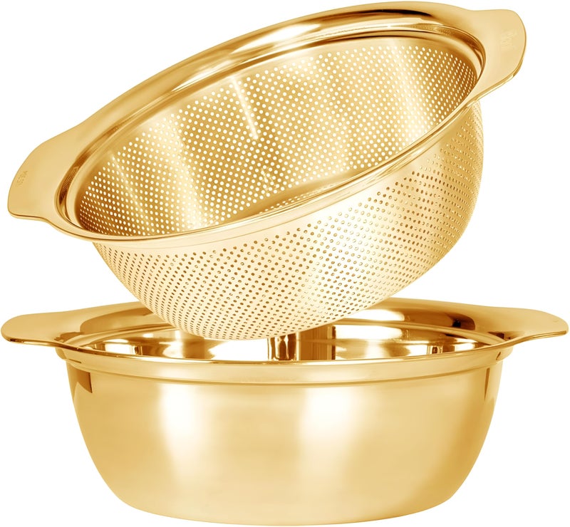 Snevad 304 Stainless Steel Microporous Colander With Handle, Rice Washers Microporous Strainer Set For Washing Rice, Pasta, Spaghetti, Fruits, And Draining Cooked (2PC) (5QT With Handle-Gold) Colander - Image 1