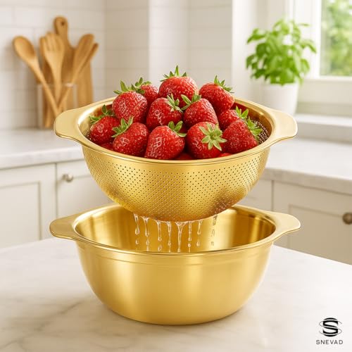 Snevad 304 Stainless Steel Microporous Colander With Handle, Rice Washers Microporous Strainer Set For Washing Rice, Pasta, Spaghetti, Fruits, And Draining Cooked (2PC) (5QT With Handle-Gold) Colander - Image 2