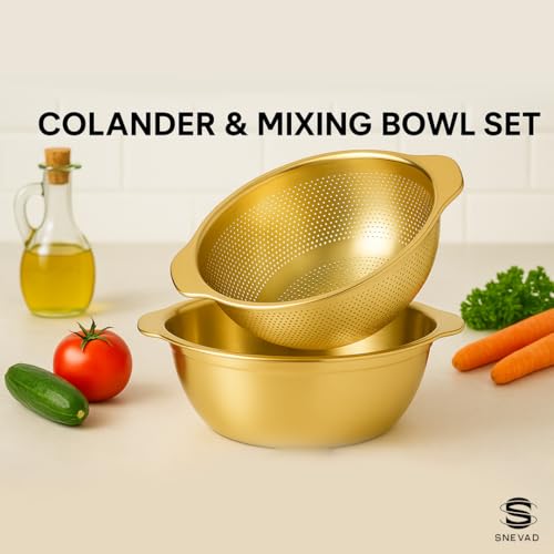 Snevad 304 Stainless Steel Microporous Colander With Handle, Rice Washers Microporous Strainer Set For Washing Rice, Pasta, Spaghetti, Fruits, And Draining Cooked (2PC) (5QT With Handle-Gold) Colander - Image 5
