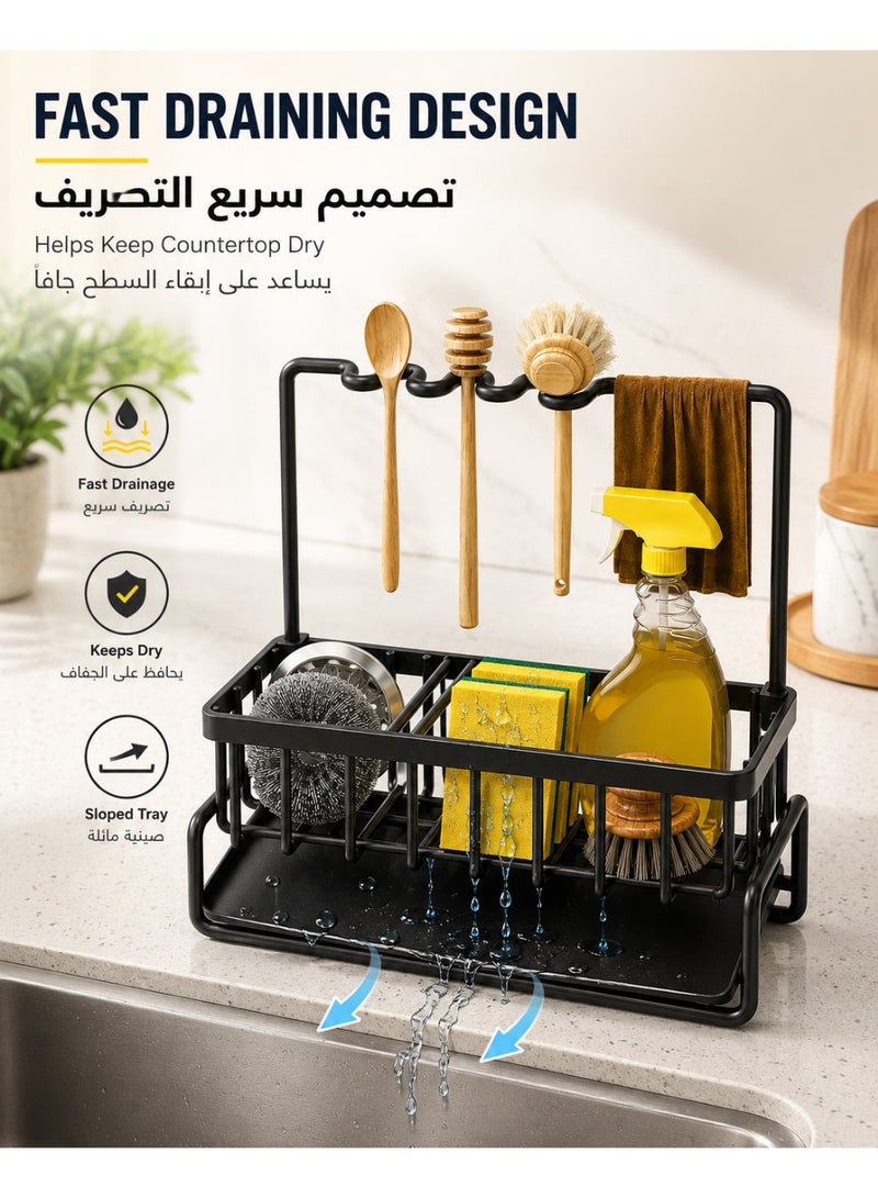 رف تجفيف الأطباق فوق الحوض – رف تخزين وتنظيم حوض المطبخ، مصفاة أطباق معدنية مقاومة للصدأ، رف تخزين موفر للمساحة على سطح العمل في المطبخ للإسفنج والصابون والأواني، لا يحتاج إلى حفر - Image 5