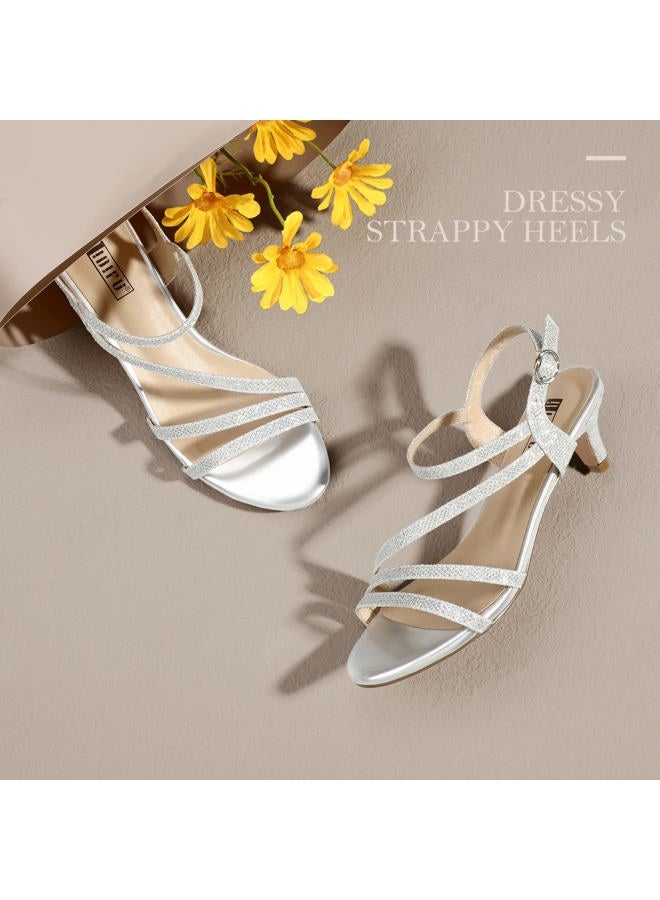 IDIFU Women's Dressy Strappy 2 Inch Low Kitten Heel Open Toe Sandals Dress Shoes for Woman Lady in Bridal Dance Evening, Silver Glitter, 10 - Image 5