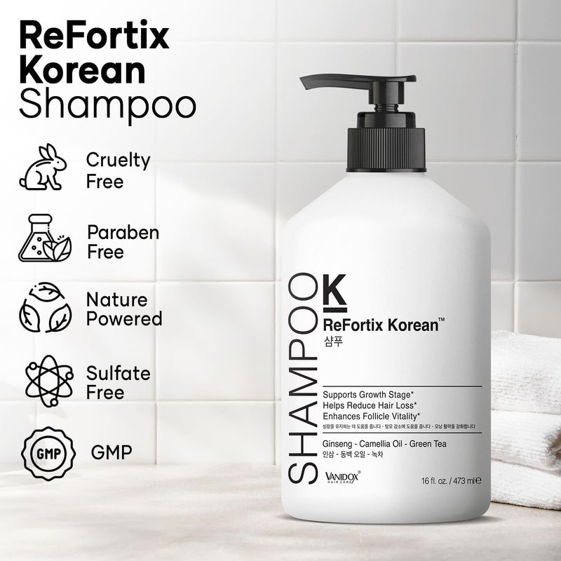 VANIDOX ReFortix Korean Shampoo, Enriched with Ginseng, Green Tea, and Camellia Oil, Supports Growth Stage and Helps Reduce Hair Loss for Stronger Hair (16 fl oz) - Image 2