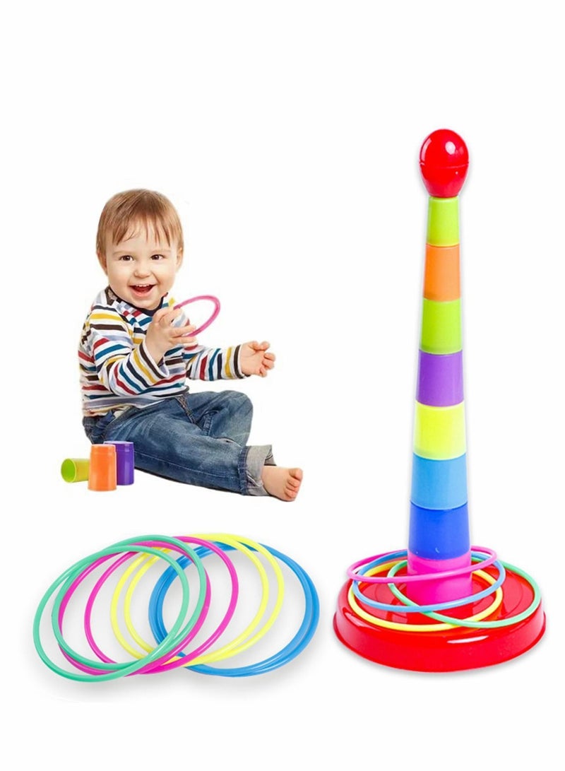 Stacking Cups Kids Ring Toss Cast Circle Sets Game, Stack Up Nesting Tower Colorful Toy Early Game Gifts, 8 Layer Rainbow Building Cup and Circles - Image 1