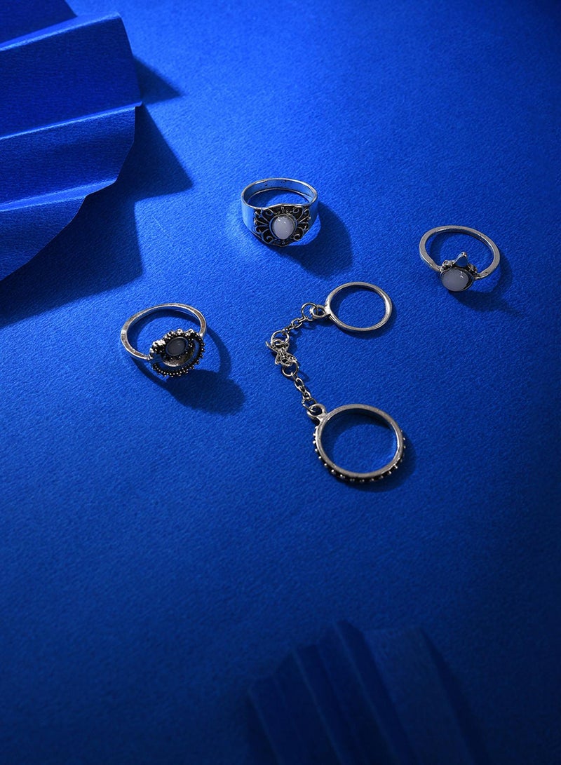 SOHI Set of 4 Oxidised White Stone-Studded Artificial Finger Ring Jewellery - Image 2