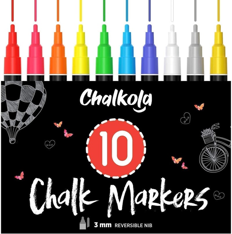 Chalkola Liquid Chalk Markers (10 Pack) with Gold & Silver - Fine Tip Dry Erase Marker Pens for Blackboard, Windows, Chalkboard Signs, Bistro - 3mm Reversible Tip Multi-market matching options - Image 1