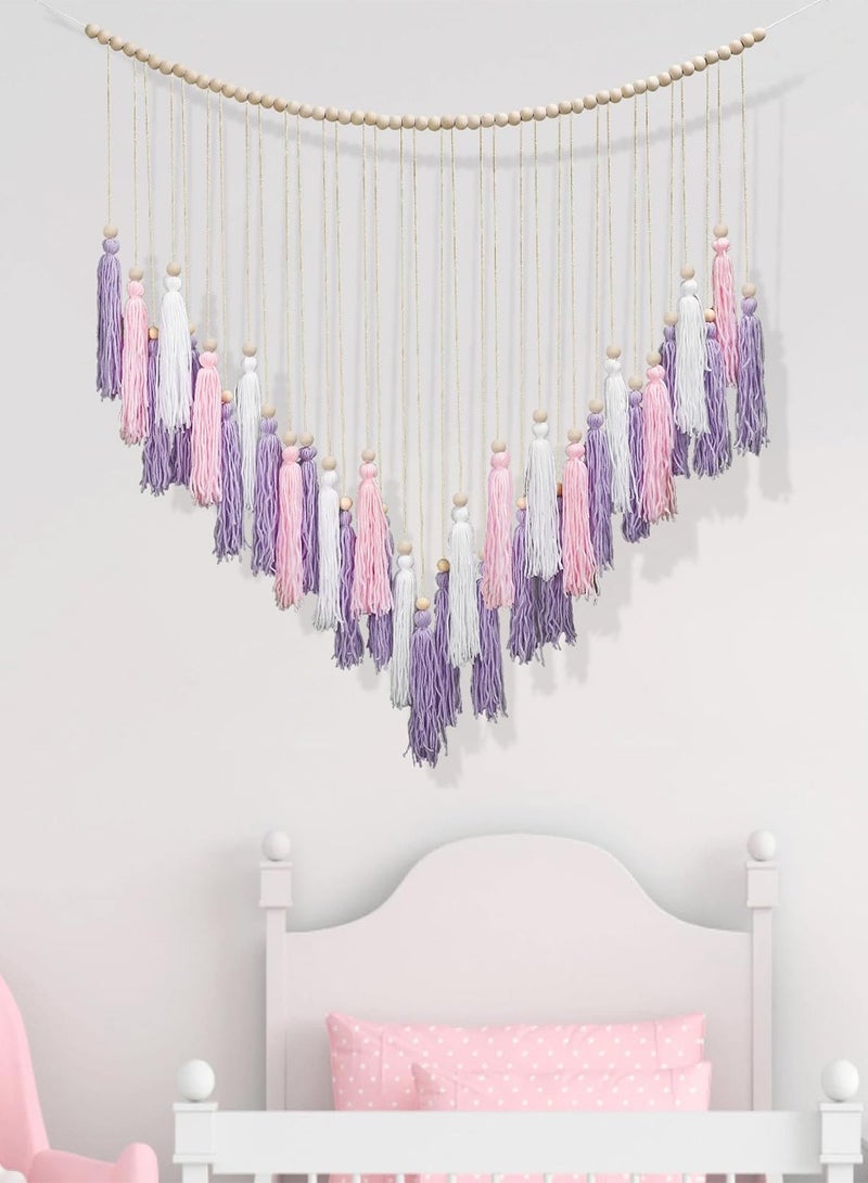 نجم ستايل Hanging Boho Wall decor, Purple Wall Decor for Bedroom Living Room Girls Room Nursery Large Tassel Wall Hanging with Wood Beads 35x36 Inch - Image 1
