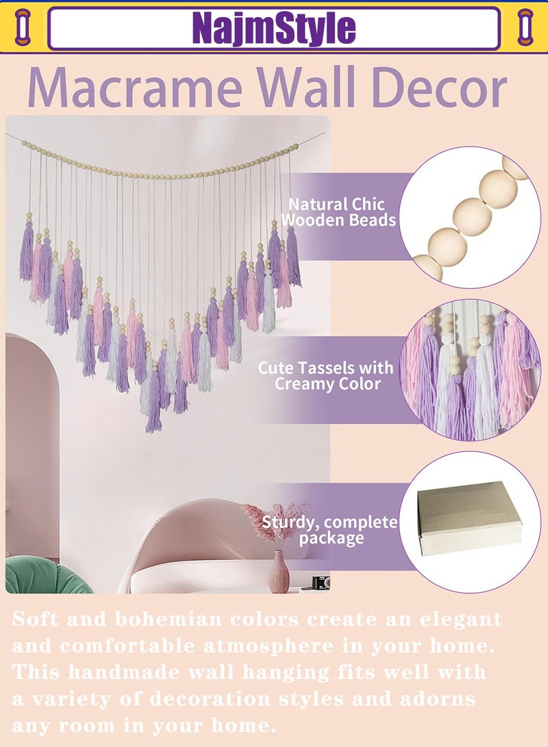 نجم ستايل Hanging Boho Wall decor, Purple Wall Decor for Bedroom Living Room Girls Room Nursery Large Tassel Wall Hanging with Wood Beads 35x36 Inch - Image 2