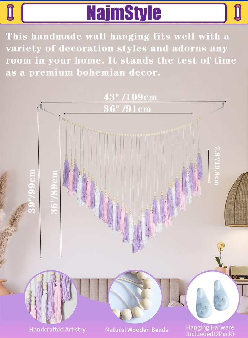 نجم ستايل Hanging Boho Wall decor, Purple Wall Decor for Bedroom Living Room Girls Room Nursery Large Tassel Wall Hanging with Wood Beads 35x36 Inch - Image 3