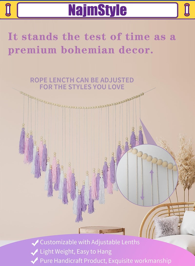 نجم ستايل Hanging Boho Wall decor, Purple Wall Decor for Bedroom Living Room Girls Room Nursery Large Tassel Wall Hanging with Wood Beads 35x36 Inch - Image 5