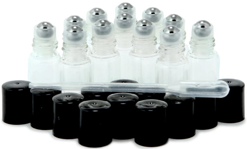 Vivaplex, 12, Clear, 3 ml Glass Roll-on Bottles with Stainless Steel Roller Balls - Dropper included