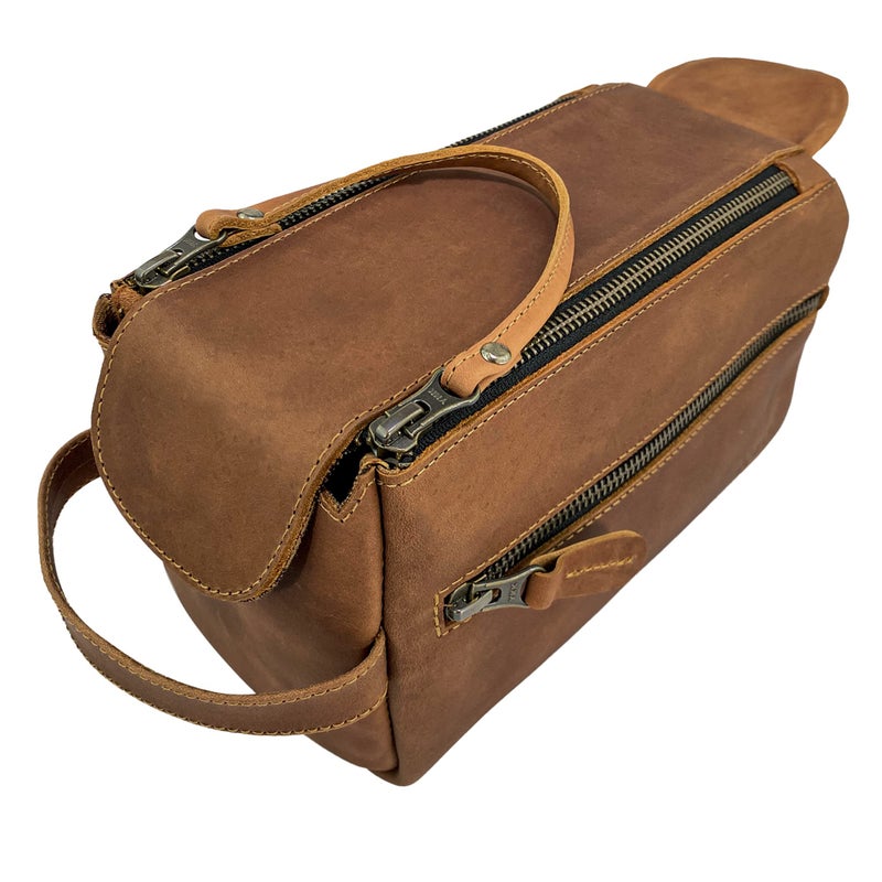 Hide & Drink, Toiletry Bag w/Handles, Hygiene Organizer, Travel Dopp, Razor Case, Bathroom, Shaving, Cosmetic Storage, Travel & Grooming Essentials, Full Grain Leather, Handmade, Bourbon Brown - Image 1