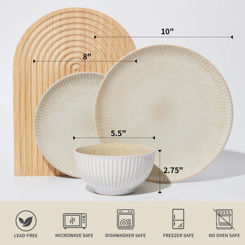 Pokini Ceramic Dinnerware Sets for 4, 12 Pieces Embossed Stoneware Plates and Bowls Sets, Scratch Resistant Dish Sets, Distinctive Granulated Surface, Housewarming Wedding Gift, Brown - Image 2