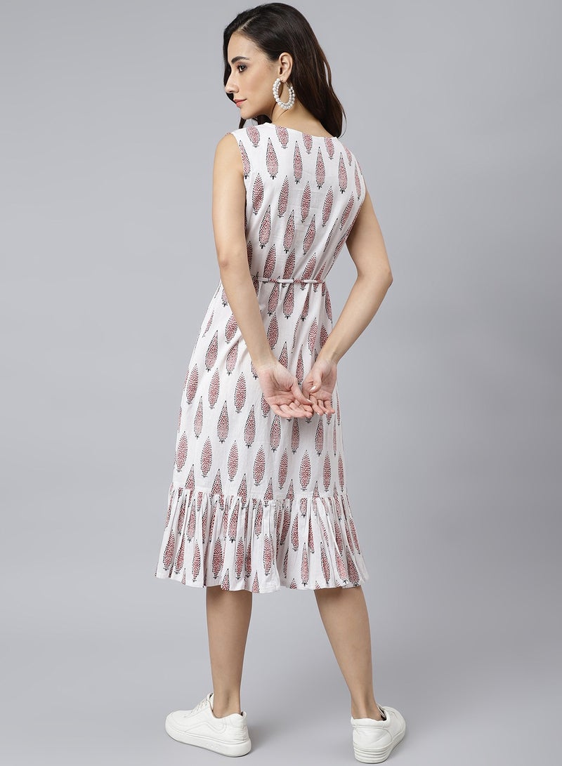 IndHeritage Premium Dress - Latest dress collection - White colour mid calf length dress with maroon prints - Stylish trending Indo Western Dress - IDH00024 - Image 5