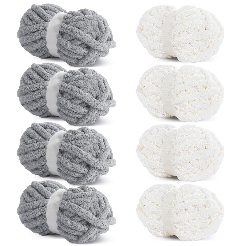 HOMBYS 8 Pack Assorted Chunky Yarn for CrochetingSuper Bulky Large Soft Fluffy YarnPlush Fuzzy YarnThick Chenille Yarn for Hand KnittingArm Knitting4 White 4 Light Grey27yds8 oz Each Skein