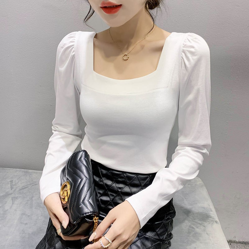 2023 New Autumn Fashion Slim Square Collar Cotton Bubble Sleeve Top Design Sense Niche Long Sleeve T-shirt - Image 1