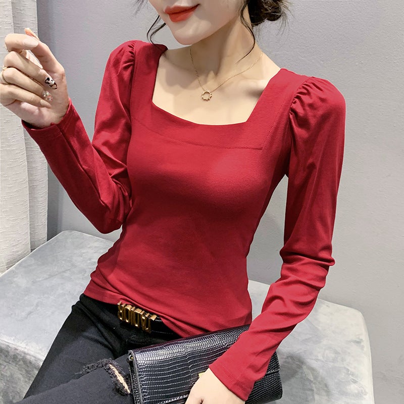 2023 New Autumn Fashion Slim Square Collar Cotton Bubble Sleeve Top Design Sense Niche Long Sleeve T-shirt - Image 2