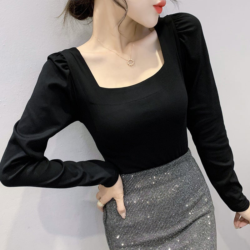 2023 New Autumn Fashion Slim Square Collar Cotton Bubble Sleeve Top Design Sense Niche Long Sleeve T-shirt - Image 5