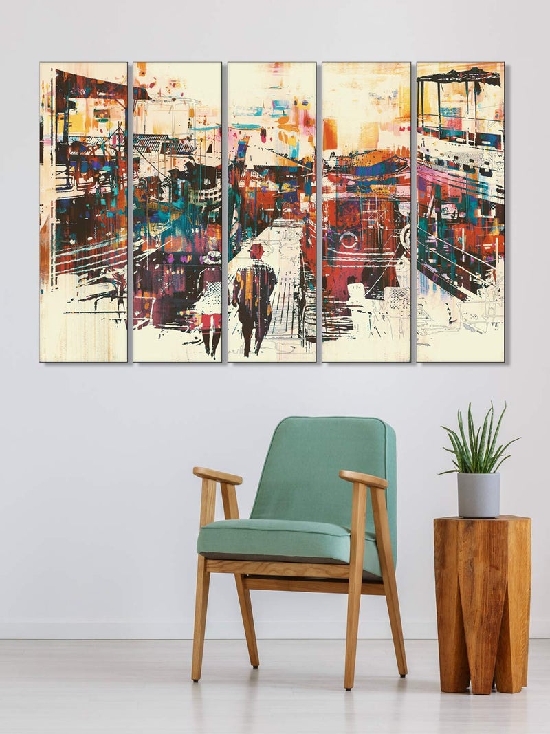 999STORE Abstract Modern City wall painting for living room hall drawing room Wall Art Panels Hanging abstract painting for wall Set of 5 frames Red 130 X 76 Cm