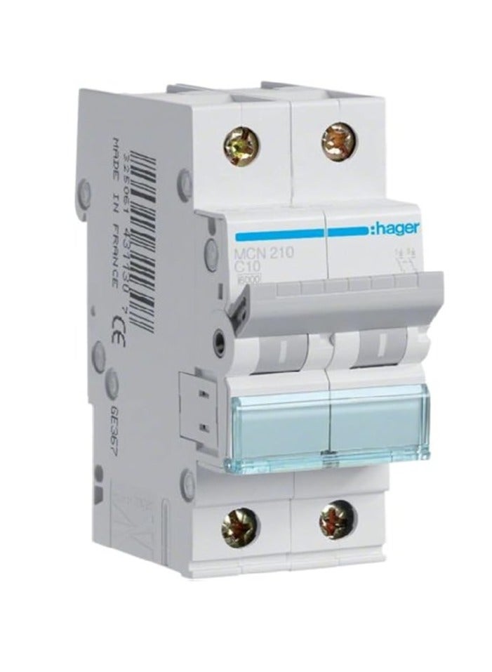 Hager Hager Miniature Circuit Breaker Double Pole 10A 6Ka Dp Mcb Type C Mcn210 *Onekonekt* 