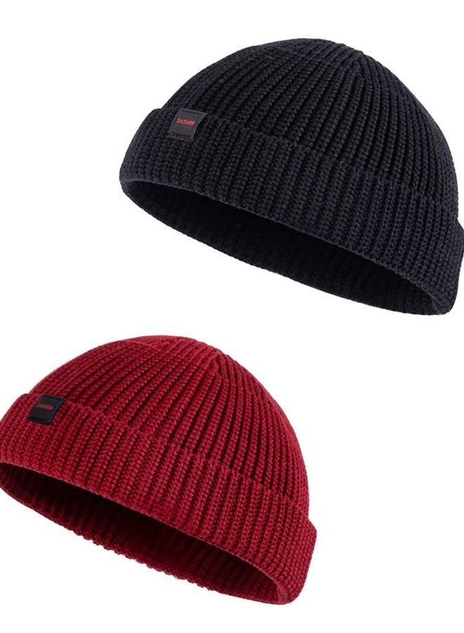 DASMINI Fisherman Beanie,Skull Cap Mens Cotton Beanie Winter hat Small Short Warm Gift (Black+Winery, Size M) - Image 1