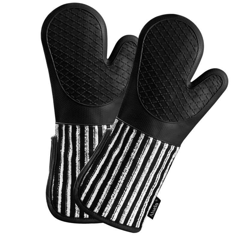 Alselo Silicone Oven Mitts Heat Resistant 932 with Waterproof  NonSlip Kitchen Mittens Set of 2 Extra Long Oven Gloves with Soft Cotton Terry Lining for Baking Cooking Barbecue 2 Black Mitts