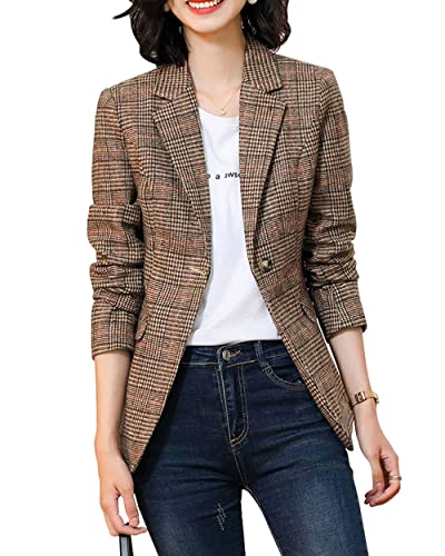 ebossy Womens Notch Lapel 2 Button Boyfriend Blazer Suit Houndstooth Plaid Jacket Coat XLarge XBrown