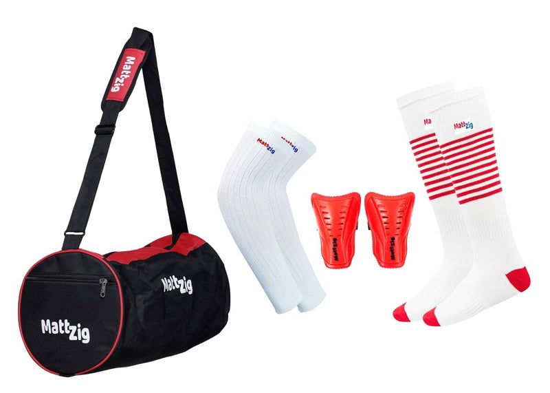 MATTZIG ® Club Football Kit (One Pair of Striped Lycra Socks + One Pair of Shin Guard + One Pair of Cotton Arm Sleeves + One Kit Bag) (White/Red) - Image 1