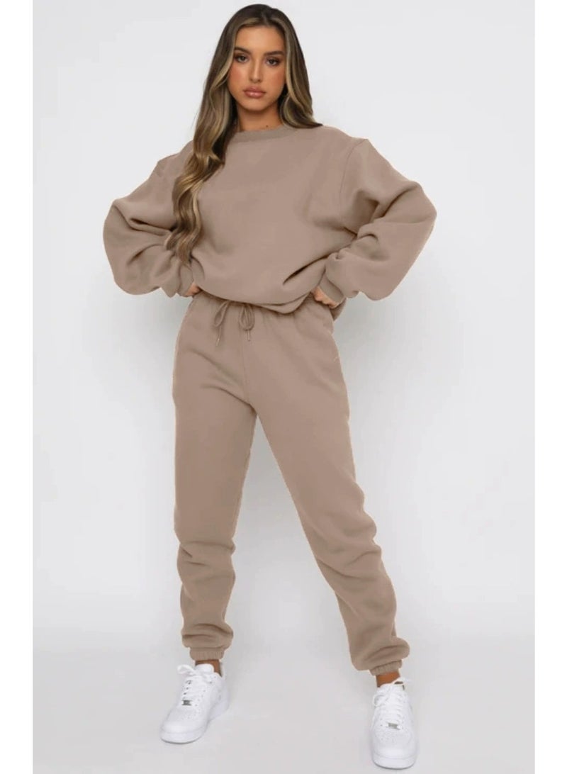 general Winter/ Autumn Solid-color Round-neck Pullover Pants for Women - Fashionable Casual Long-sleeved Sweatshirt Set - Image 1