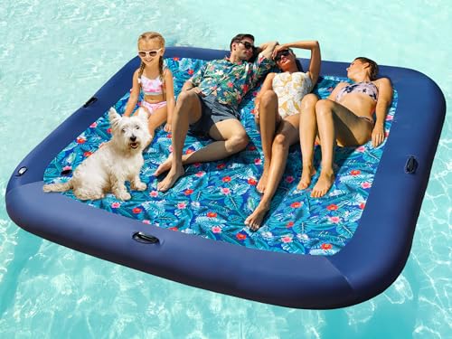 FindUWill Extra Large Pool Floats 985 Full Size Fabric Covered Inflatable Tanning Pool Lounger with Pillow for 4 Person Swimming Pool Mattress Blow Up Beach Floaties for Family Pool Travel - Image 1