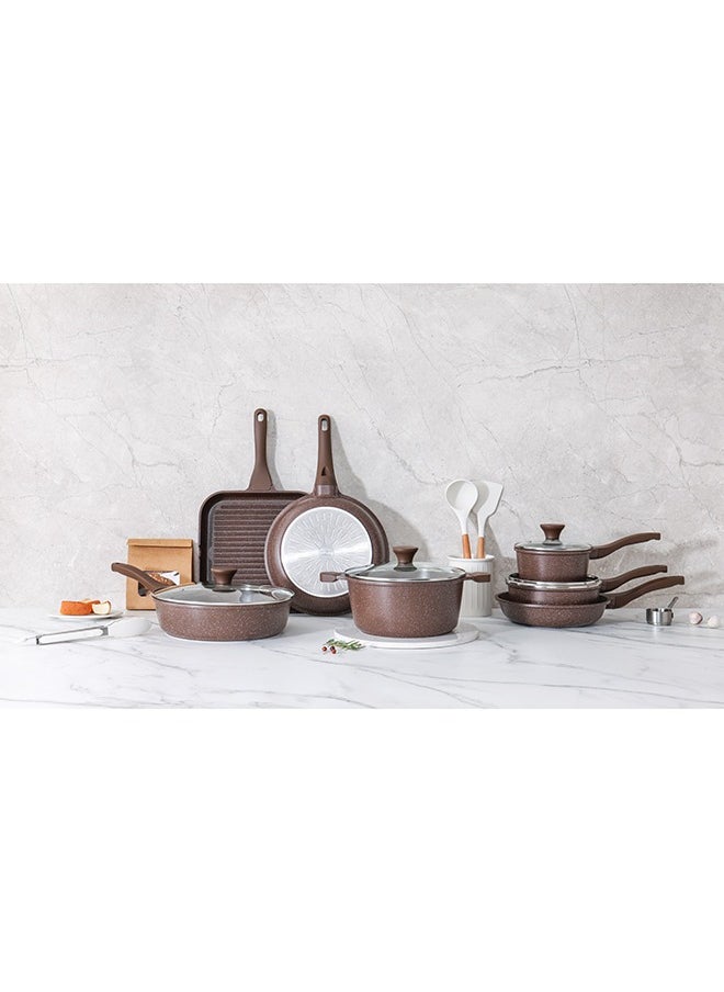 Sensarte - 21 Piece Swiss Granite Coating Cookware Set,PFOA/PFOS/APEO Free,1X24Cm Casserole With Lid,1X29Cm Deep Fry Pan With Lid,1X24Cm Fry Pan,1X28Cm Fry Pan,1X16Cm Sauce Pan With Lid,1X20Cm Sauce Pan With Lid,1X28 Grill Pan,Utensils,7 Protector, Toffee Brown - Image 1