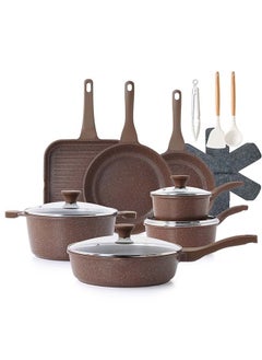 Sensarte 21 Piece Swiss Granite Coating Cookware Set,PFOA/PFOS/APEO Free,1X24Cm Casserole With Lid,1X29Cm Deep Fry Pan With Lid,1X24Cm Fry Pan,1X28Cm Fry Pan,1X16Cm Sauce Pan With Lid,1X20Cm Sauce Pan With Lid,1X28 Grill Pan,Utensils,7 Protector, Toffee Brown  - Image 1