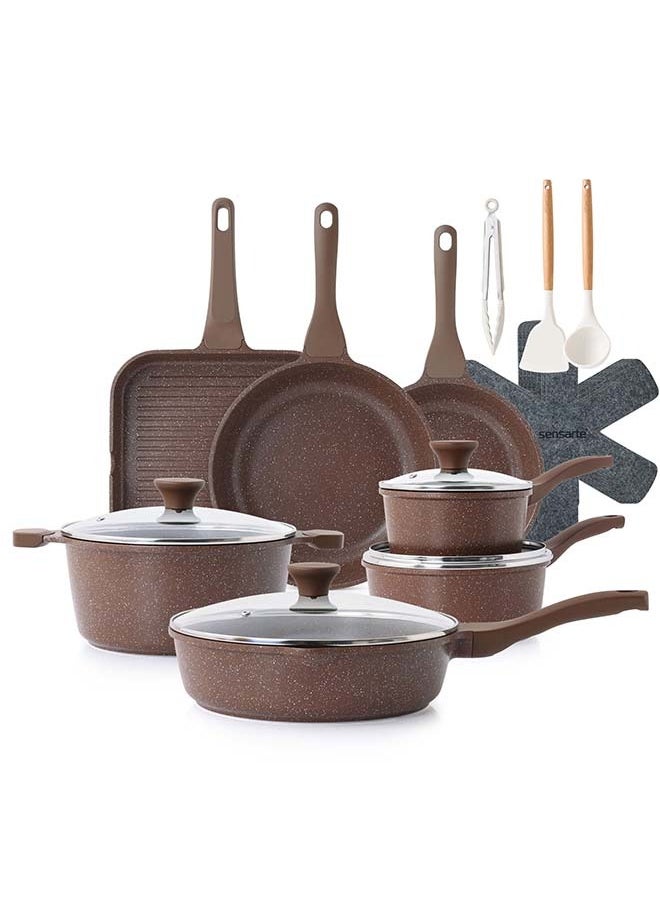Sensarte 21 Piece Swiss Granite Coating Cookware Set,PFOA/PFOS/APEO Free,1X24Cm Casserole With Lid,1X29Cm Deep Fry Pan With Lid,1X24Cm Fry Pan,1X28Cm Fry Pan,1X16Cm Sauce Pan With Lid,1X20Cm Sauce Pan With Lid,1X28 Grill Pan,Utensils,7 Protector, Toffee Brown  - Image 1