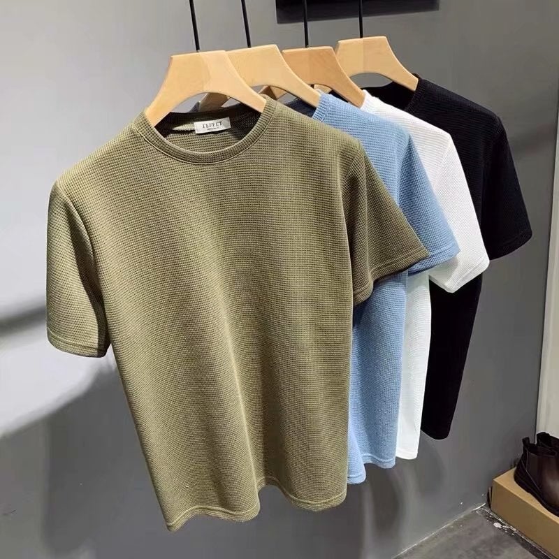 Round Neck Breathable Short-Sleeved T-Shirt for Summer Youth Men's Trendy Korean Style Slim-Fit Waffle Half-Sleeve Daily Body Spot - Image 2