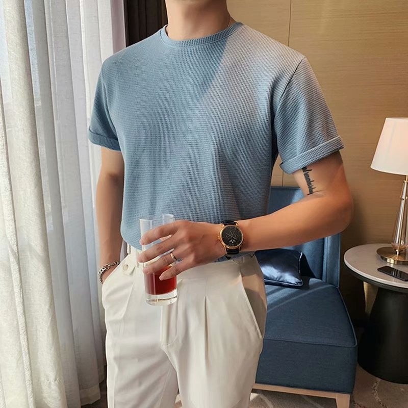 Round Neck Breathable Short-Sleeved T-Shirt for Summer Youth Men's Trendy Korean Style Slim-Fit Waffle Half-Sleeve Daily Body Spot - Image 5