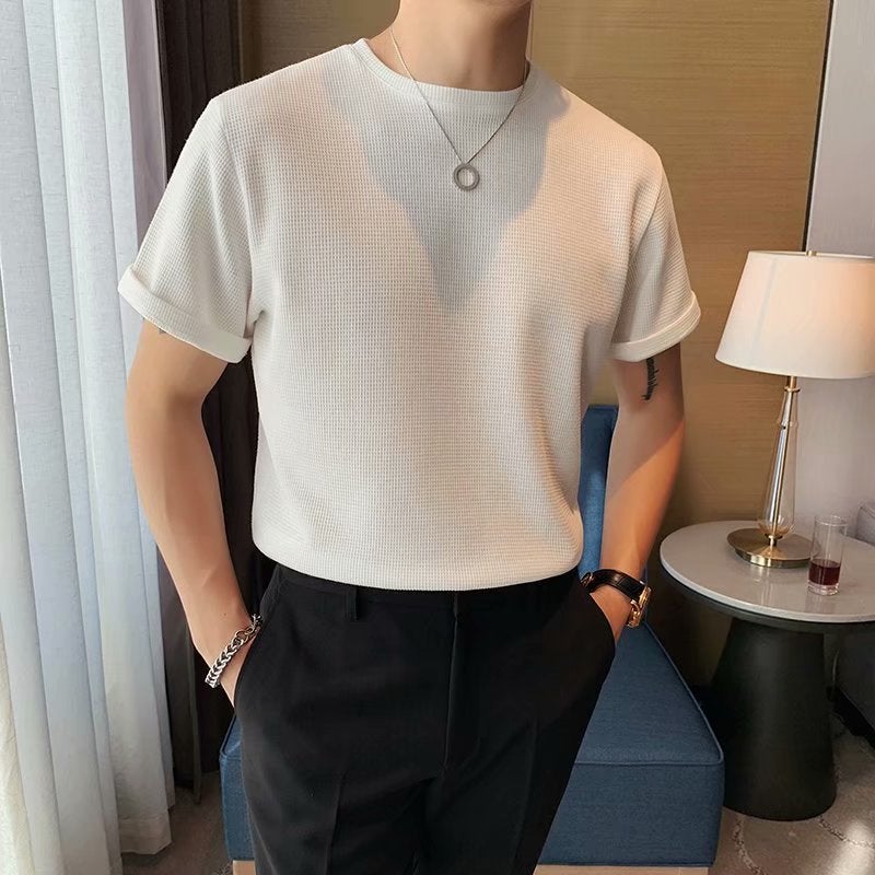 Round Neck Breathable Short-Sleeved T-Shirt for Summer Youth Men's Trendy Korean Style Slim-Fit Waffle Half-Sleeve Daily Body Spot - Image 1