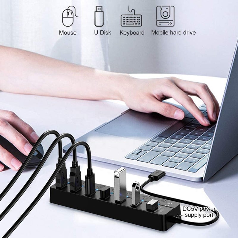 Viboton USB Hub with Type c OTG Dongle, USB Hub 7 Ports, 1 x 3.0 Port Cable Side, and 6 x 2.0 Ports, Hub for Laptop, 7-Port Hub with Individual Switches and Lights, High Speed Hub (Black) Cable - 30CM - Image 3