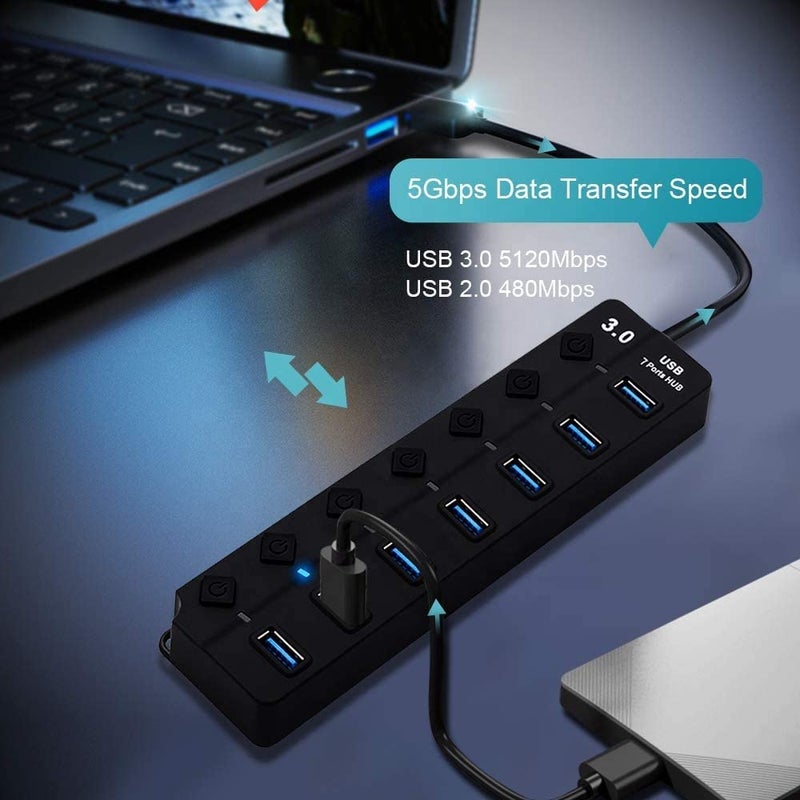 Viboton USB Hub with Type c OTG Dongle, USB Hub 7 Ports, 1 x 3.0 Port Cable Side, and 6 x 2.0 Ports, Hub for Laptop, 7-Port Hub with Individual Switches and Lights, High Speed Hub (Black) Cable - 30CM - Image 4