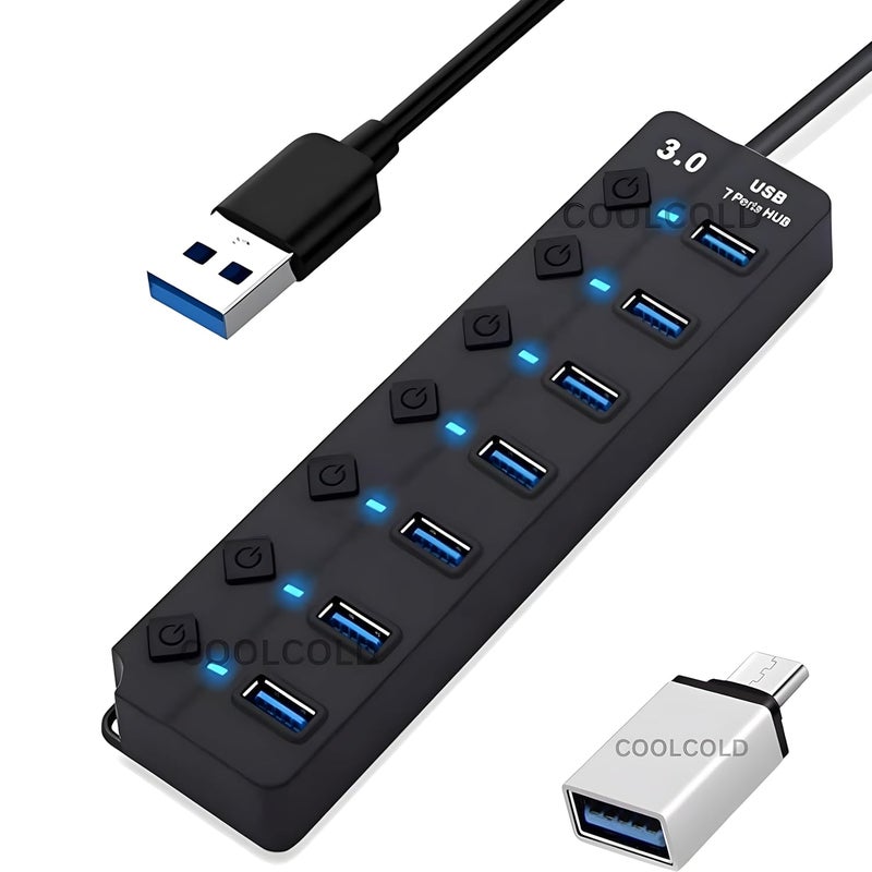 Viboton USB Hub with Type c OTG Dongle, USB Hub 7 Ports, 1 x 3.0 Port Cable Side, and 6 x 2.0 Ports, Hub for Laptop, 7-Port Hub with Individual Switches and Lights, High Speed Hub (Black) Cable - 30CM - Image 1
