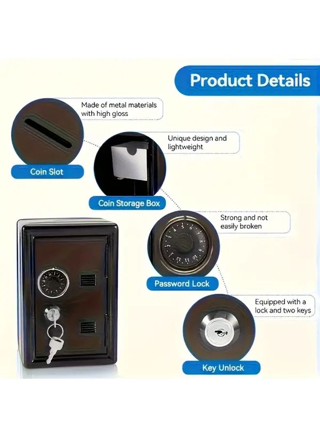 Black Metal Penny Bank With Key Lock And Password Dual Protection Anti Drop Safe - Image 4