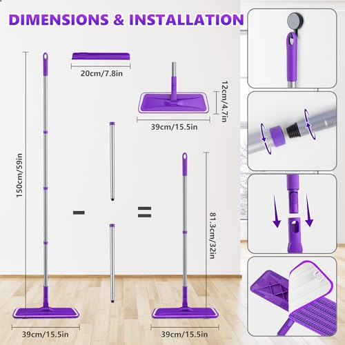 BPAWA Microfiber Mops for Floor Cleaning - BPAWA Flat Floor Mop with 4 Reusable Washable Pads fit for Swiffer Powermop Kitchen Wet Dry Dust Mop for Hardwood Laminate Wood Tile Ceramic Vinyl Wall Floors - Image 5
