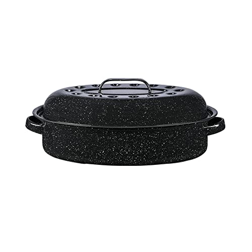 Granite Ware Granite Ware 15Inch Covered Oval Roaster 10 Lb Capacity  Enamel Steel Cookware Dishwasher Safe  PFOAFree Even Heat Distribution for Roasting Poultry Meat or Vegetables Speckled Black  - Image 1