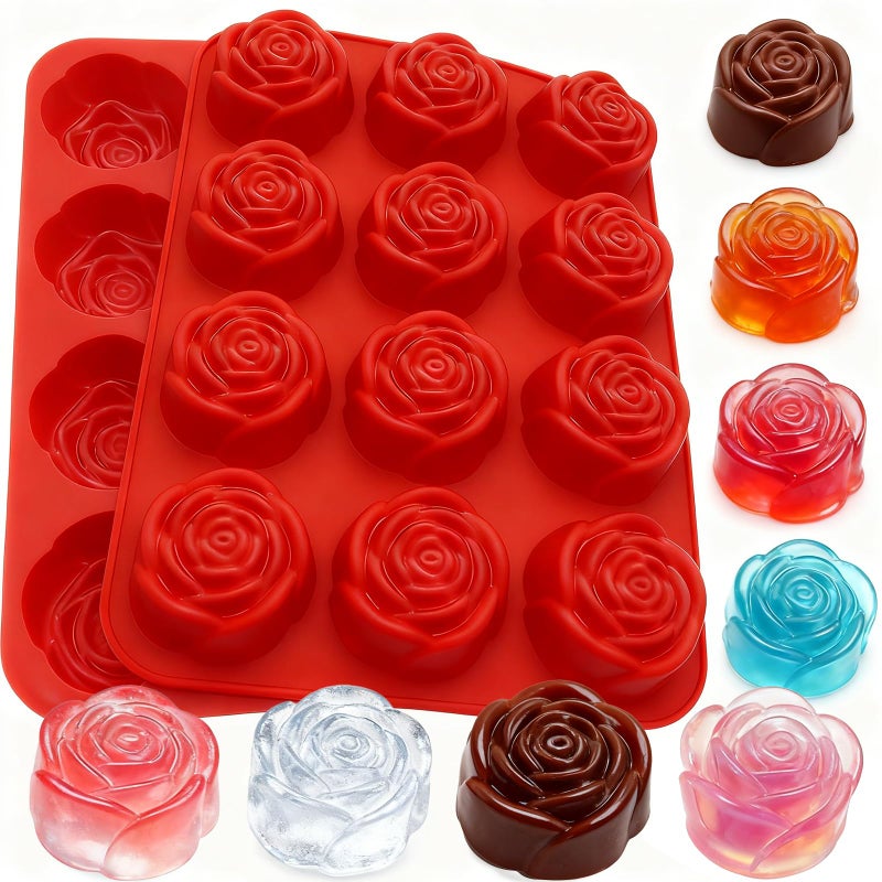 LLPMutu 2 Pack Rose Silicone Mold Rose Flowers Shaped Silicone Molds 24-Cavity Valentine's Day Roses Chocolate Mold Nonstick Molds for Baking Cupcake Pan Chocolate Pudding Candy Ice Cube Candles Soaps - Image 1