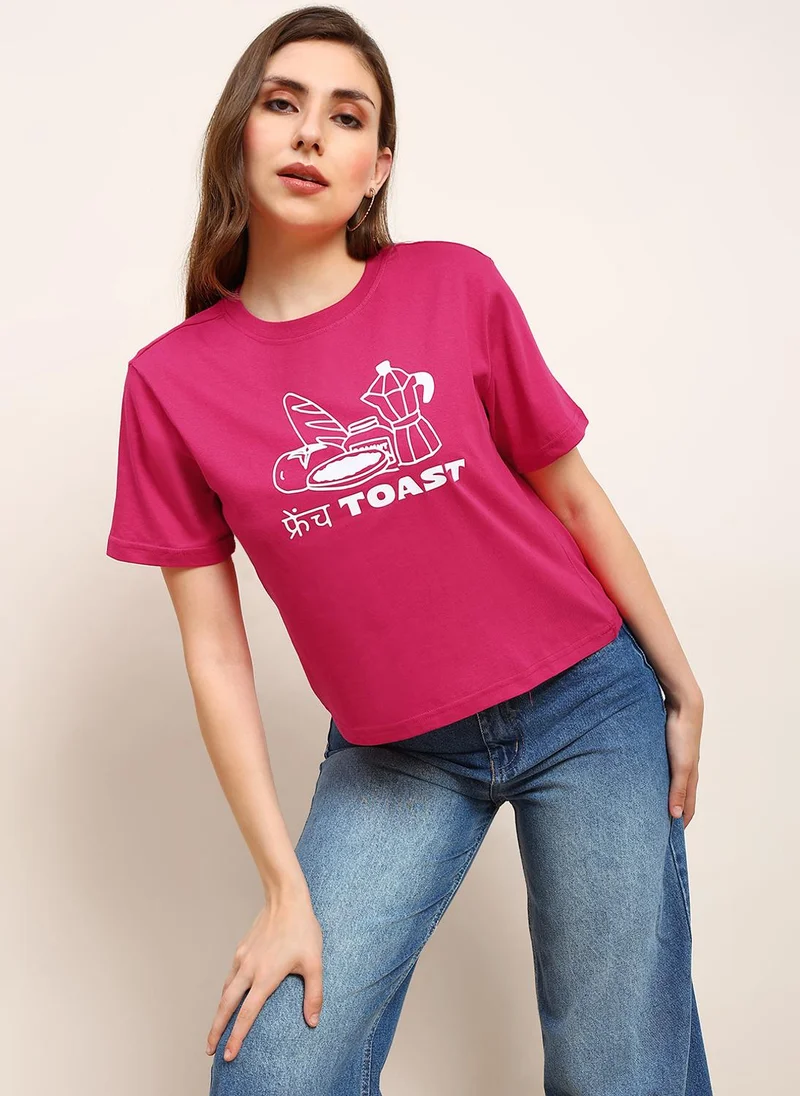 globus Globus Women Pink Round Neck Drop Shoulder Sleeves Graphic Print Boxy Fit Crop T-Shirt