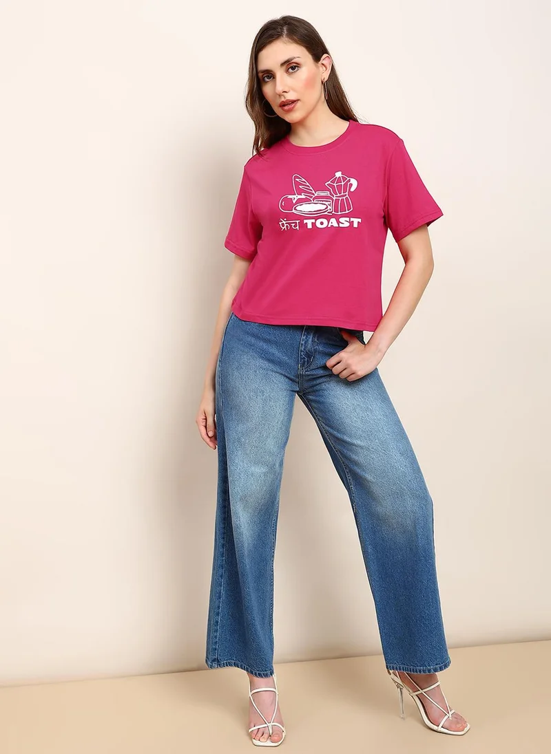 globus Globus Women Pink Round Neck Drop Shoulder Sleeves Graphic Print Boxy Fit Crop T-Shirt