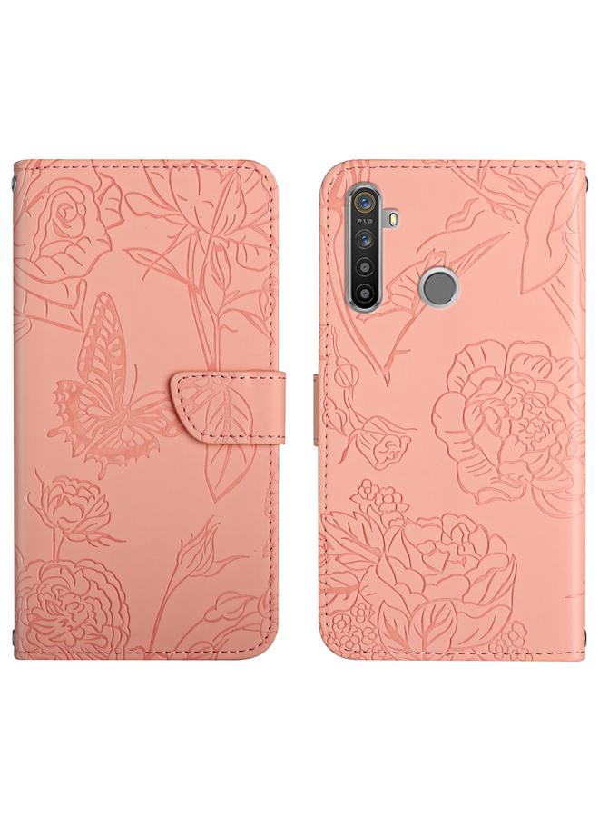 اس-توب جراب لهاتف OPPO Realme 5 Pro مصنوع من الجلد المنقوش بنقشة زهور الفاوانيا على شكل فراشة - Image 1