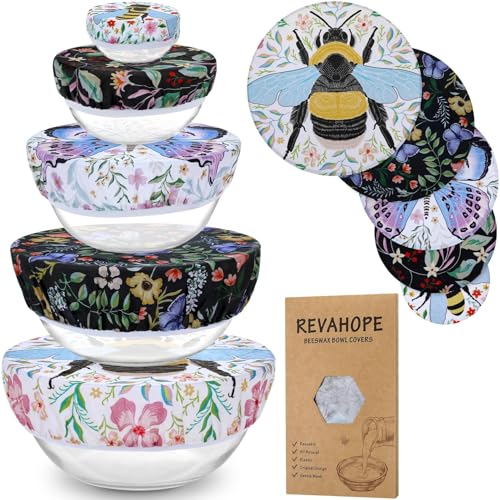 Revahope 5-Size Reusable Beeswax Bowl Covers for Bread Proofing, Cotton Cloth Flexible Beeswax Wraps for Food Storage(Honeybee) - Image 1